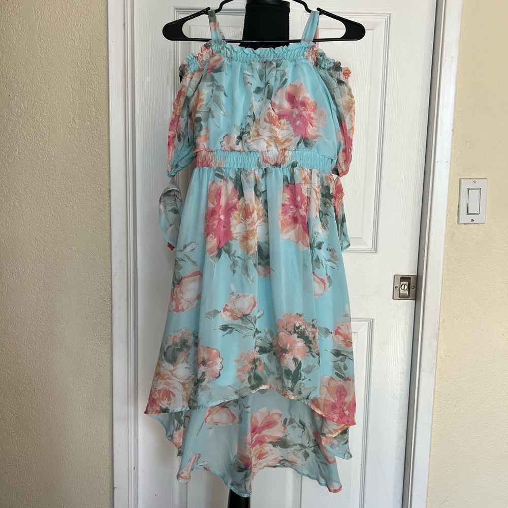 MICHELLE GIRL girls high low blue and pink floral print off the shoulder dress